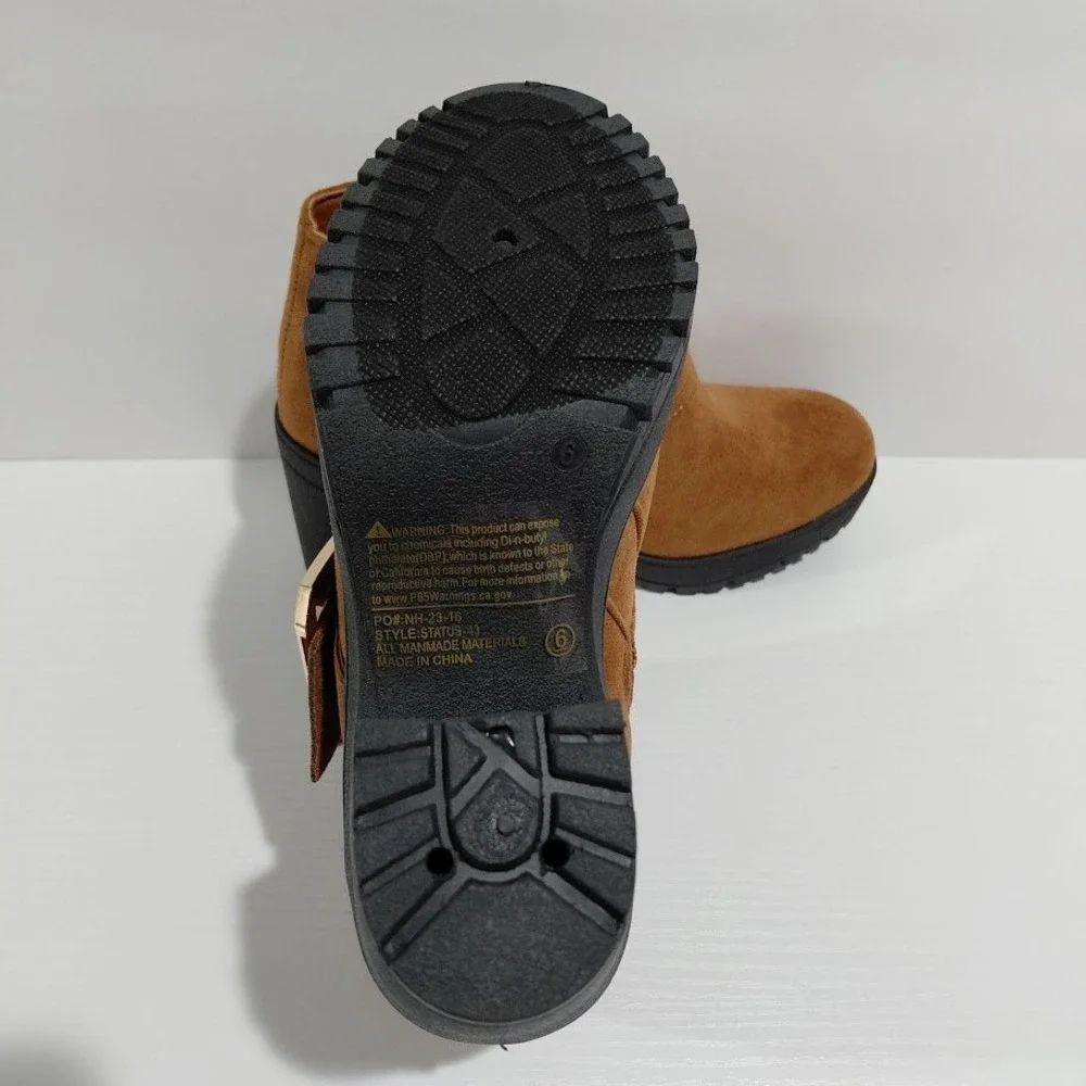 Forever Women's Brown Suede Ankle Boots Chunky Heel Gold Buckle Side Zip Size 10